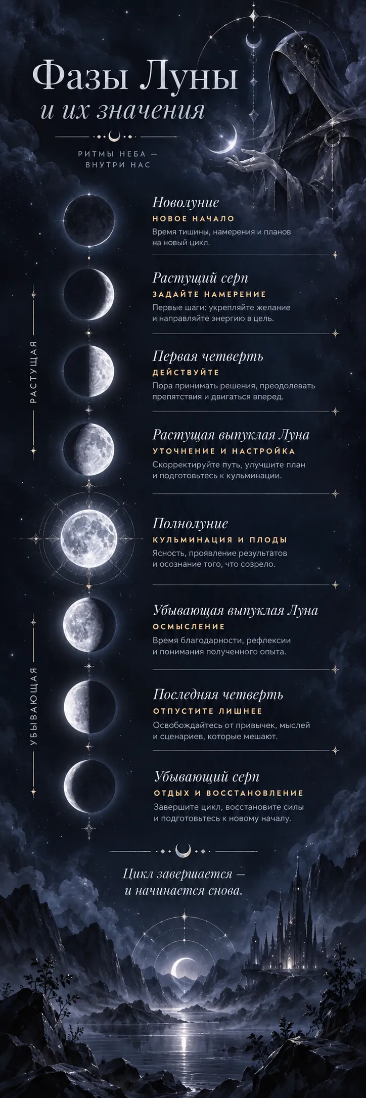 Инфографика: восемь фаз Луны от новолуния до убывающего серпа и их значения